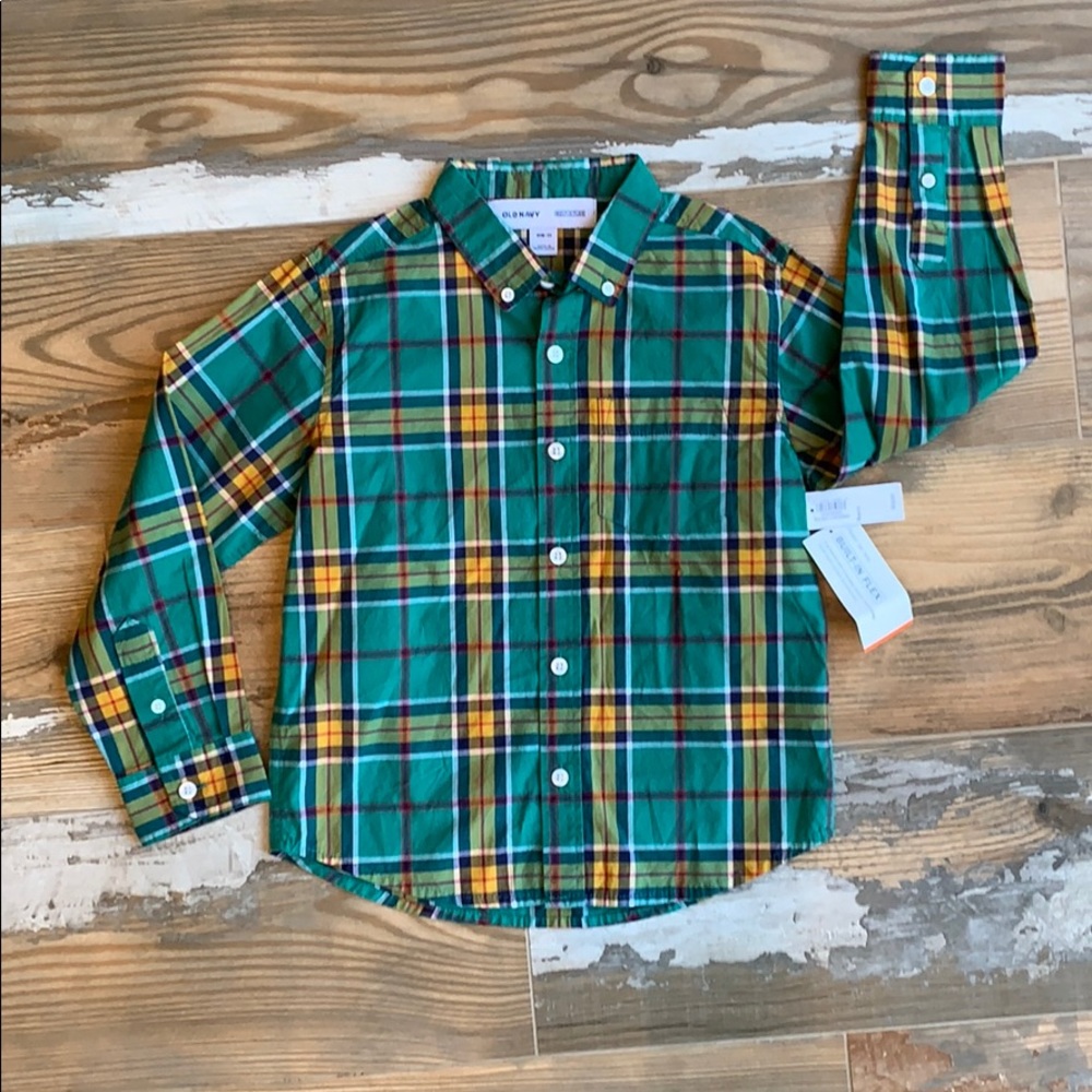 Green and gold plaid button down